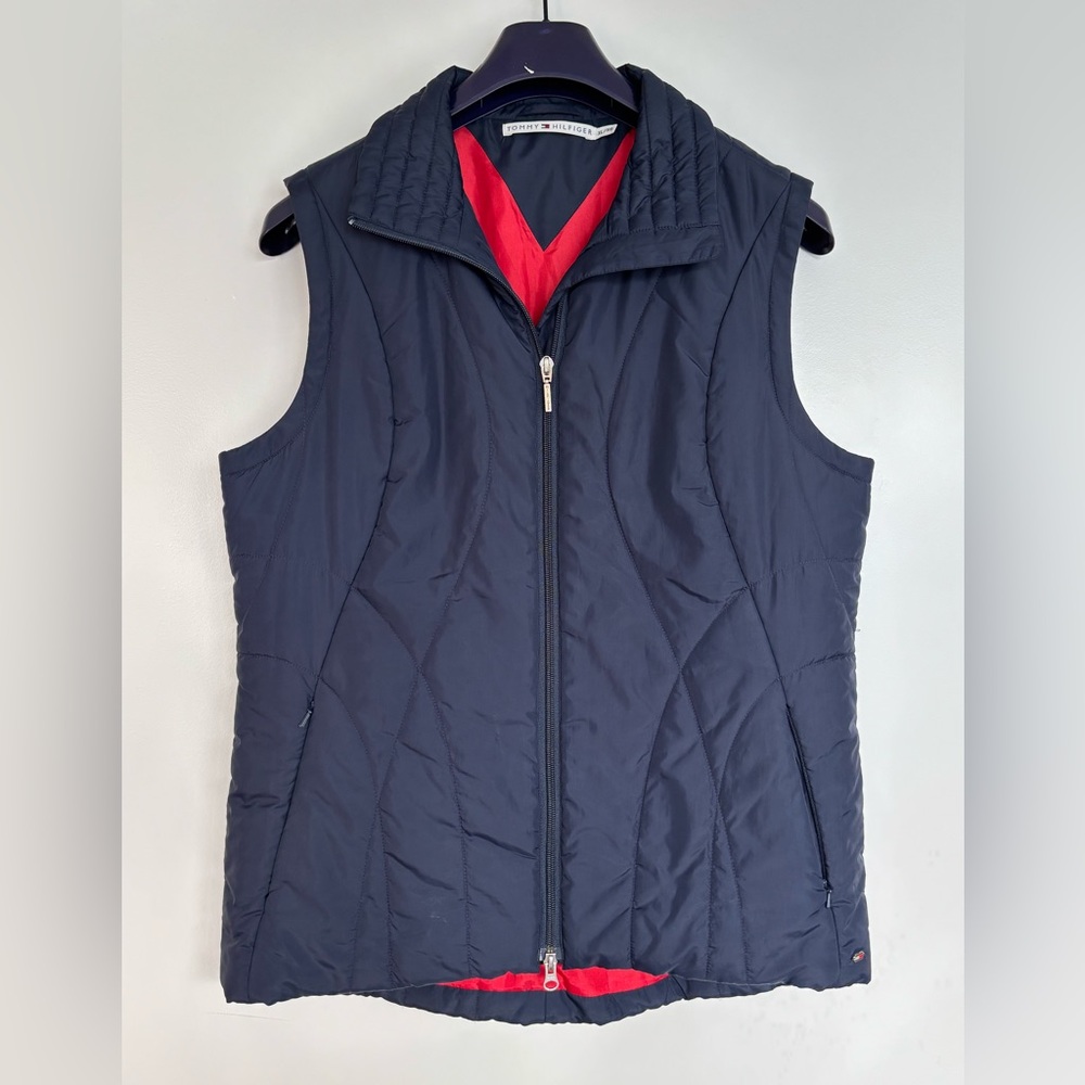 Tommy Hilfiger 21” PTP Quilted Puffer Vest, Navy and Red, Size XL.